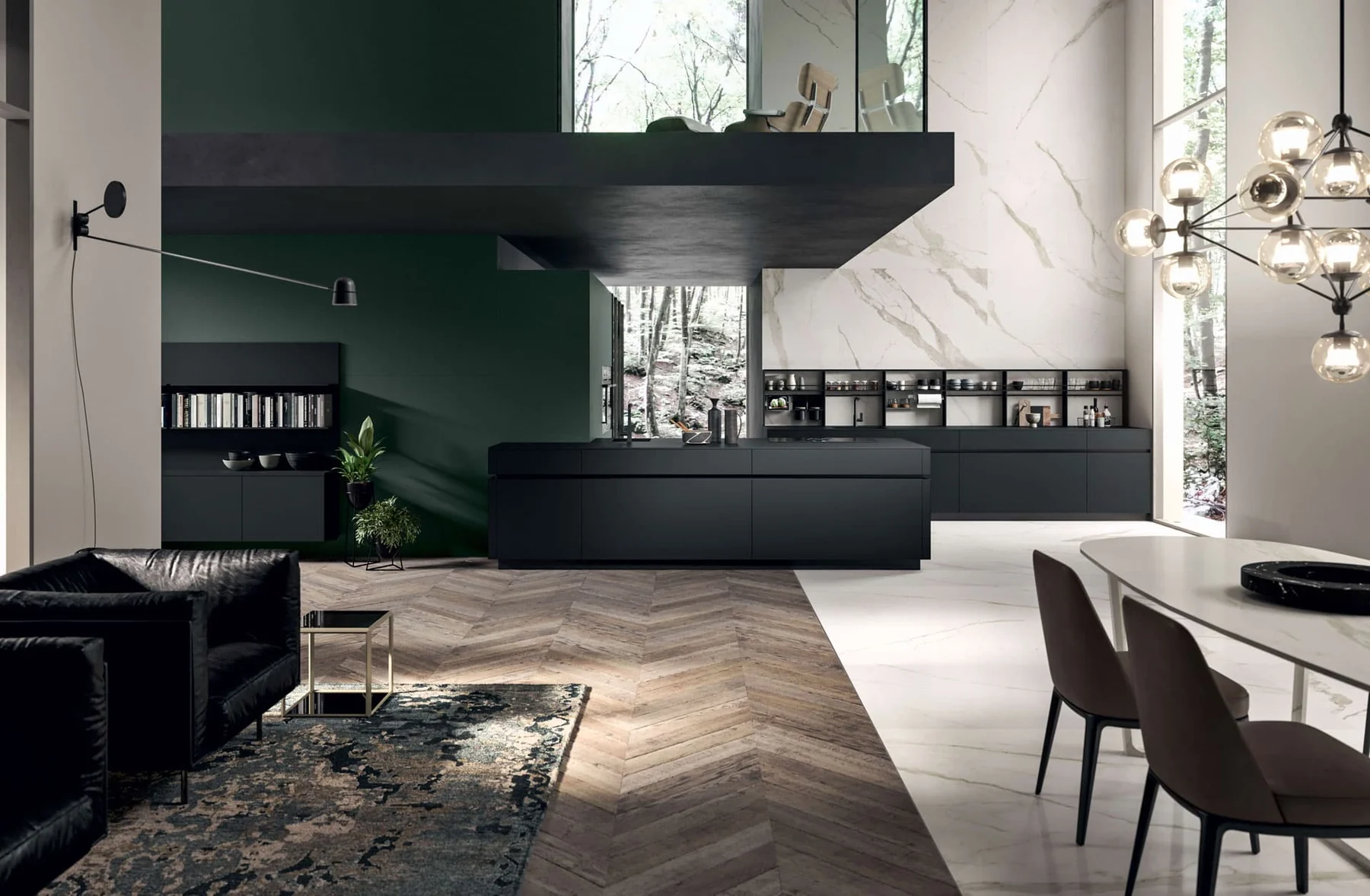 Cucina Dibiesse Area 22 con isola e colonne in una composizione contemporanea