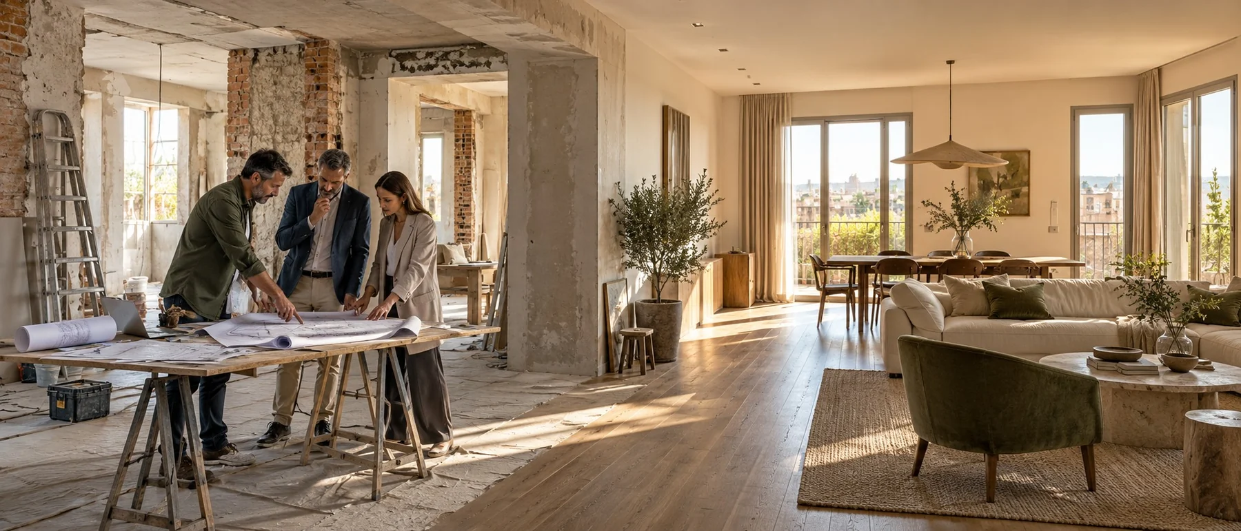 Professionisti al lavoro su un cantiere che si trasforma in un appartamento moderno arredato