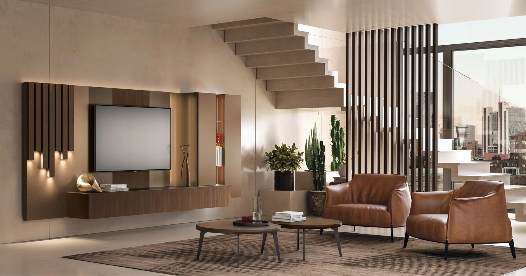Living Astor Mobili Skyline 25 con parete attrezzata, sedute e tavolini
