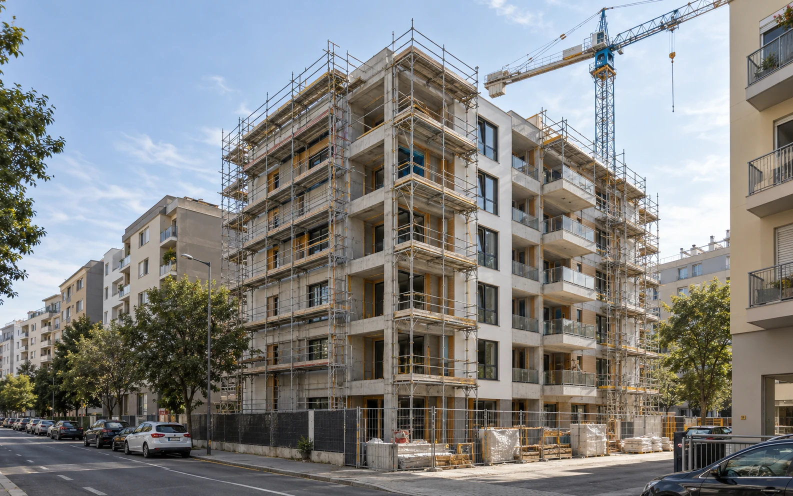 Edificio residenziale contemporaneo in costruzione in un contesto cittadino